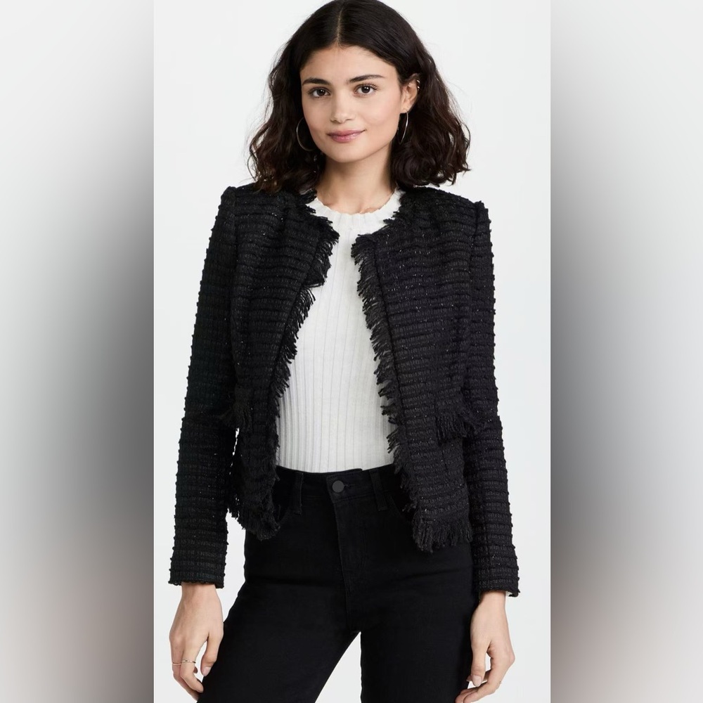 NWT $698 L'AGENCE Angelina Fringe Trim Blazer Black